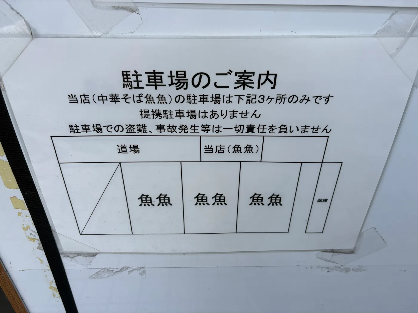 魚魚の駐車場案内板。店前3台分のみで提携駐車場は無いとの表記