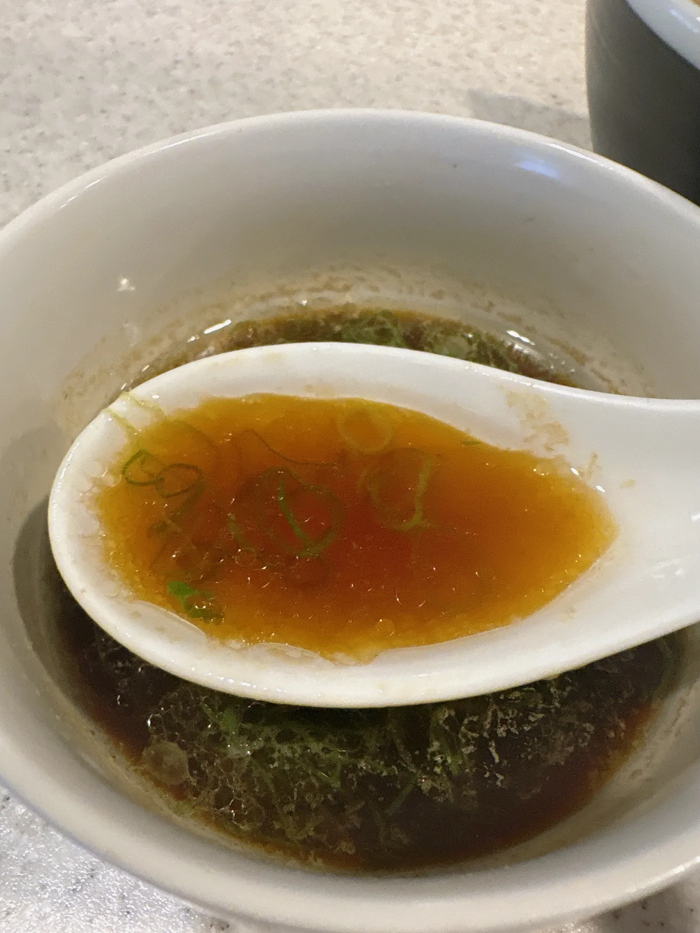 らぅめん考房 ありがた屋のつけ汁をレンゲですくったところ