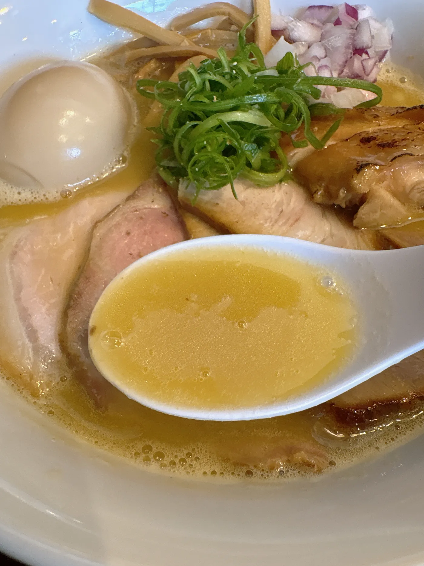 麺乃はるのスープをレンゲですくったところ