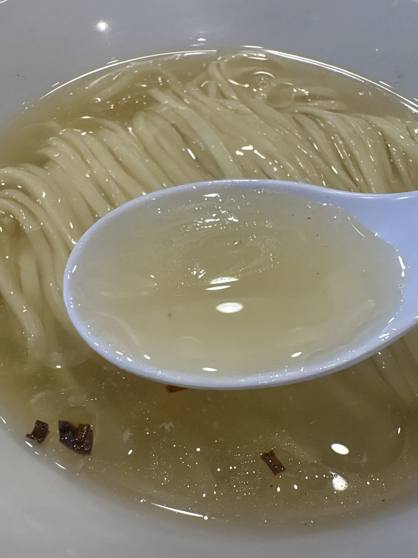 麺道ひとひらのひやかけのスープをレンゲですくったところ