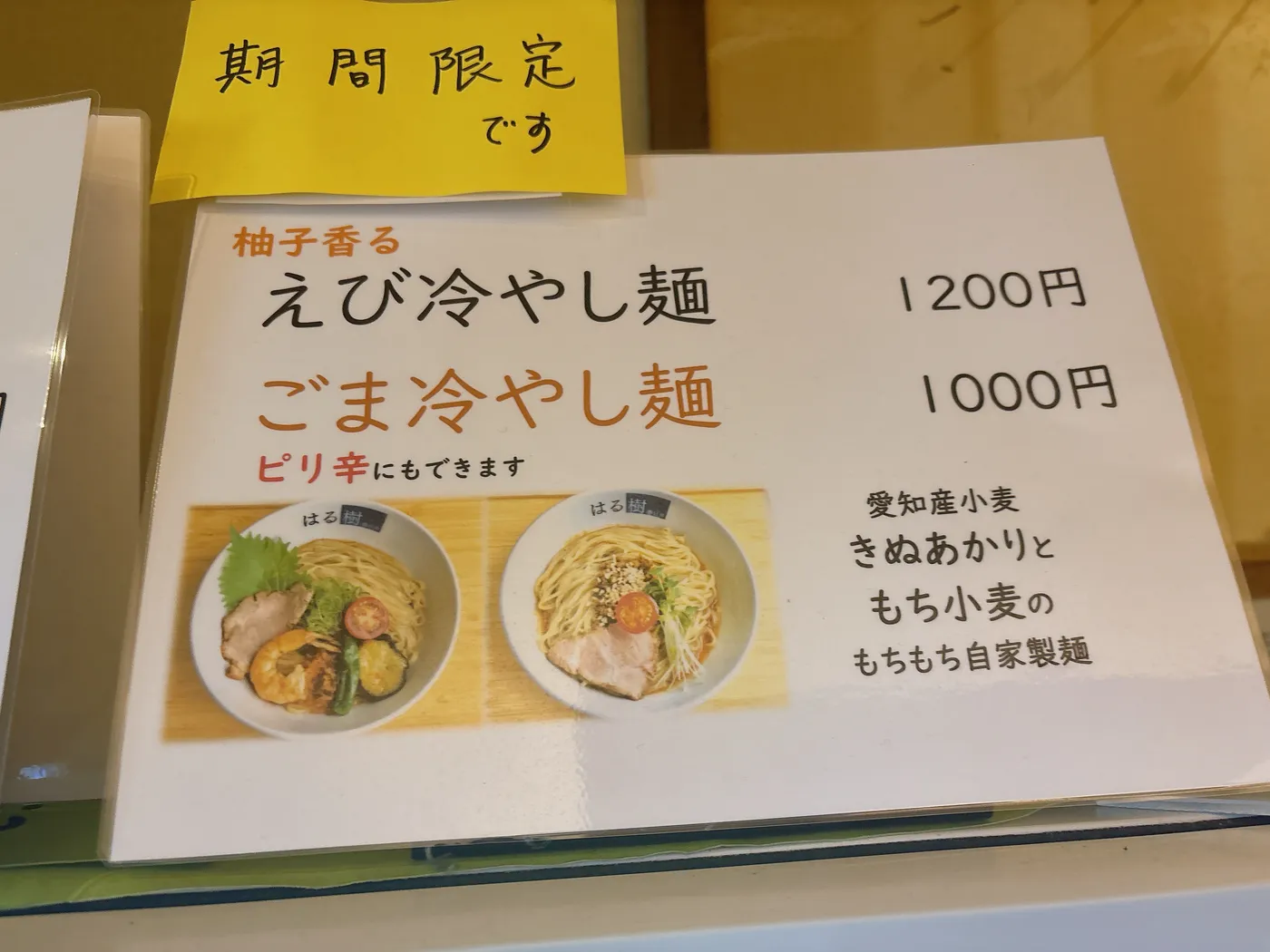 中華そば はる樹の期間限定メニュー案内。柚子香るえび冷やし麺1,200円、ごま冷やし麺1,000円と書かれている